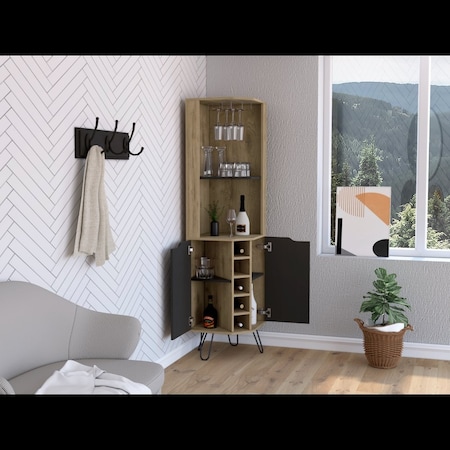 Tuhome Audra Corner Bar Cabinet Six Built-in Wine Rack, Two Shelves, Four Shelves With Door, Aged Oak/Black BMW7763